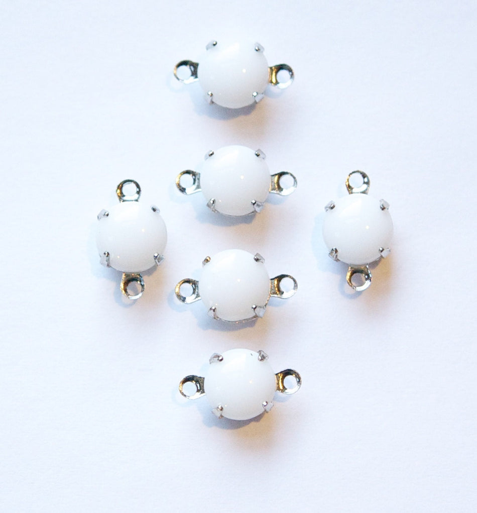 Vintage White Glass Stone 2 Loop Silver Plated Setting Drops rnd003D2