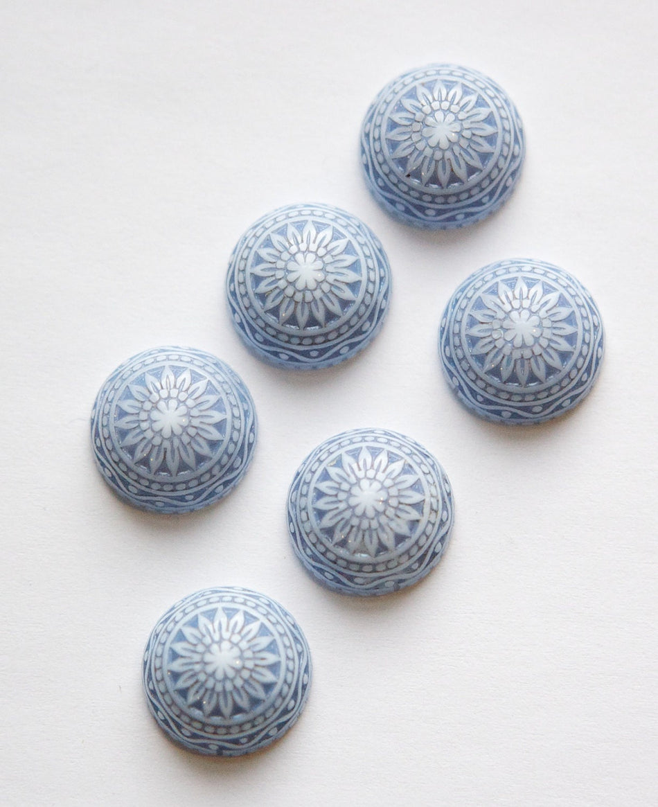 Vintage Etched Mosaic Light Blue and White Cabochons 14mm cab713G