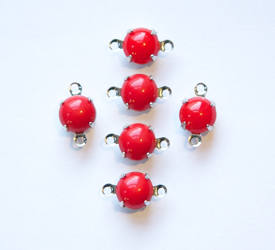 Vintage Opaque Red Glass Stone 2 Loop Silver Plated Setting Drops rnd003A2