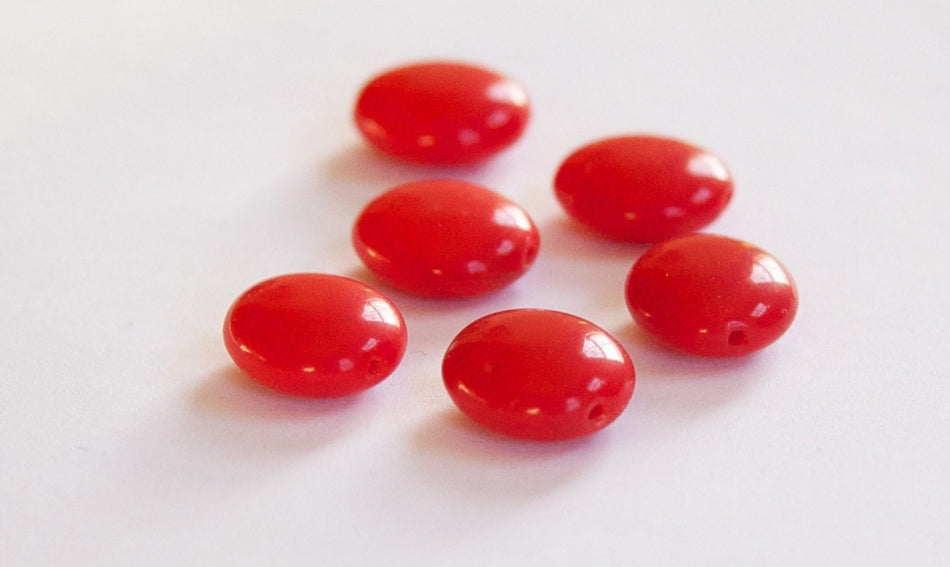 Vintage German Opaque Red Oval Coin Glass Beads 17mm grm043A