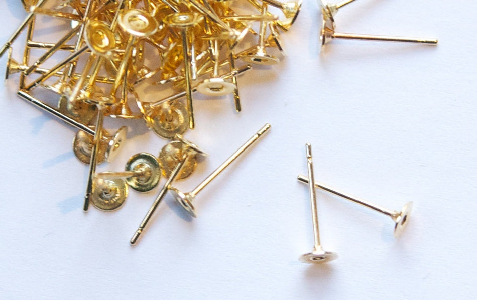 Gold Tone 4mm Flat Pad Setting Earring Posts w/ Nuts (50) fnd001A