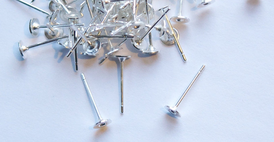Silver Tone 4mm Flat Pad Setting Earring Posts w/ Nuts (50) fnd001