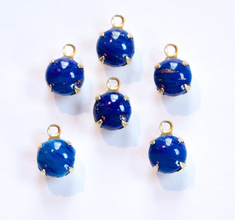 Vintage Lapis Blue Glass Stone 1 Loop Brass Setting Drops rnd001J