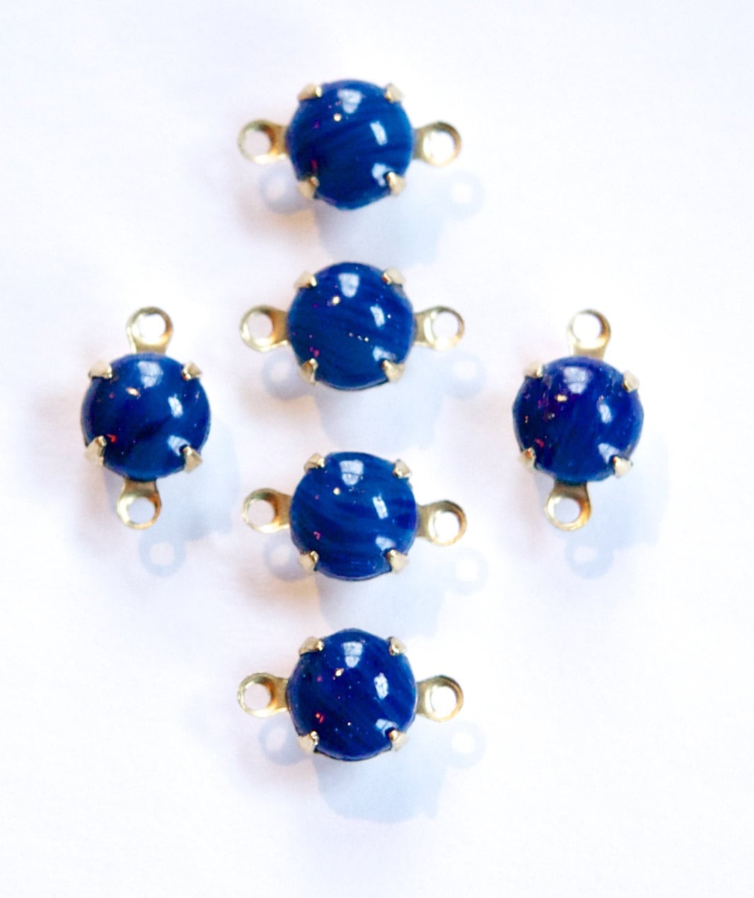 Vintage Lapis Blue Glass Stone 2 Loop Brass Setting Drops rnd001J2