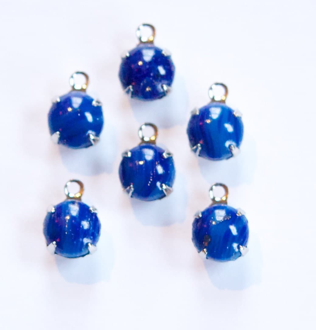 Vintage Lapis Blue Glass Stone 1 Loop Silver Plated Setting Drops rnd003J