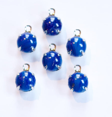 Vintage Lapis Blue Glass Stone 1 Loop Silver Plated Setting Drops rnd003J
