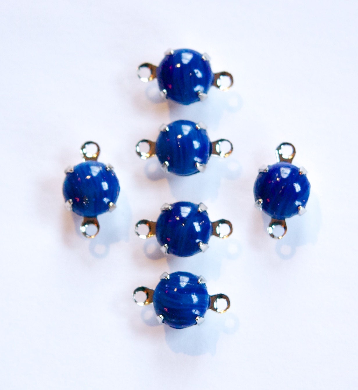 Vintage Lapis Blue Glass Stone 2 Loop Silver Plated Setting Drops rnd003J2