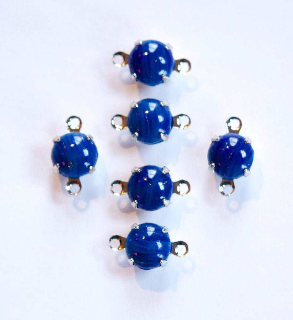 Vintage Lapis Blue Glass Stone 2 Loop Silver Plated Setting Drops rnd003J2