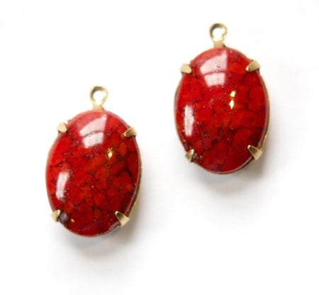 Vintage Opaque Red Matrix Stone in 1 Loop Brass Setting ovl003B