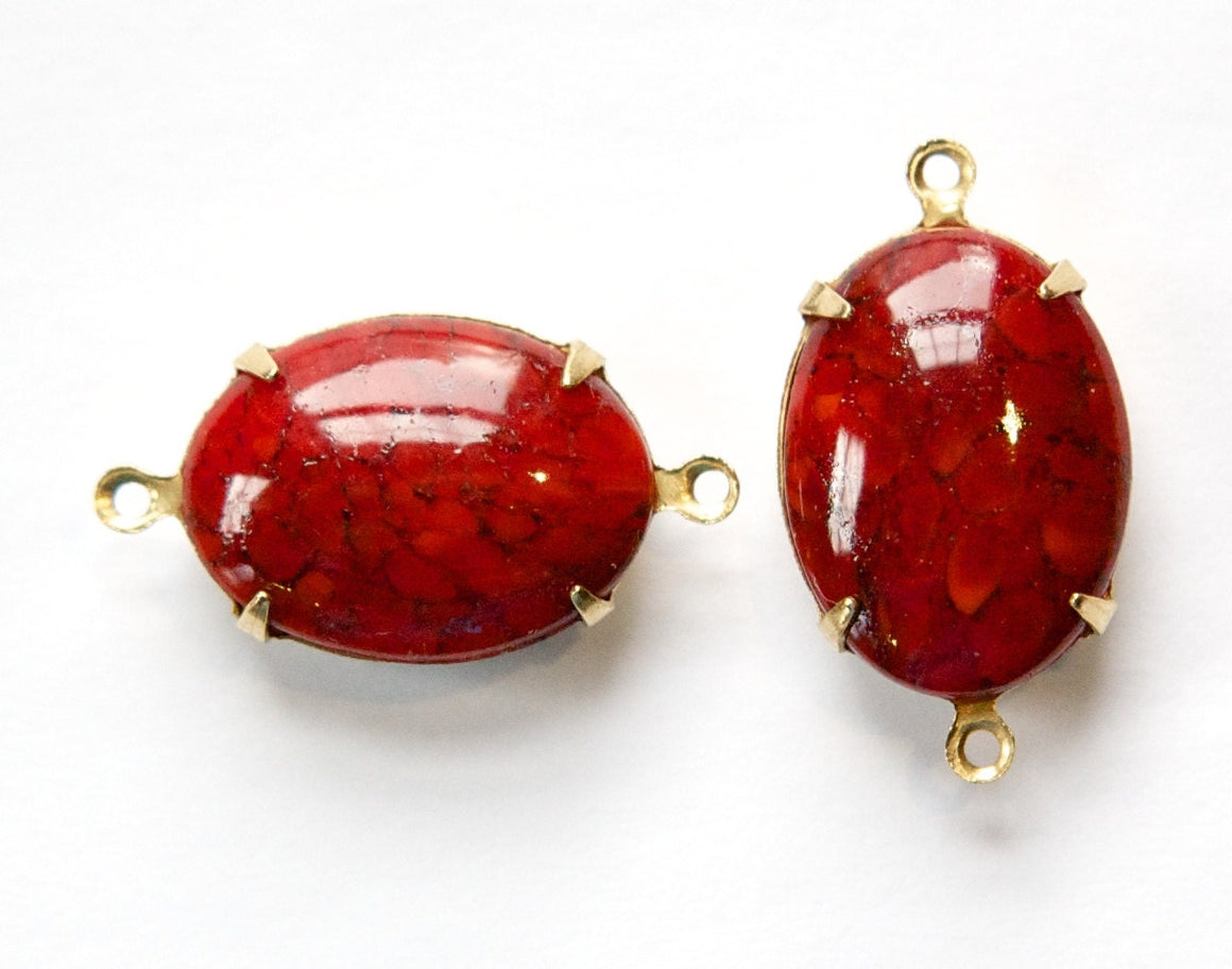 Vintage Opaque Red Matrix Glass Stones in 2 Loop Brass Setting ovl003B2