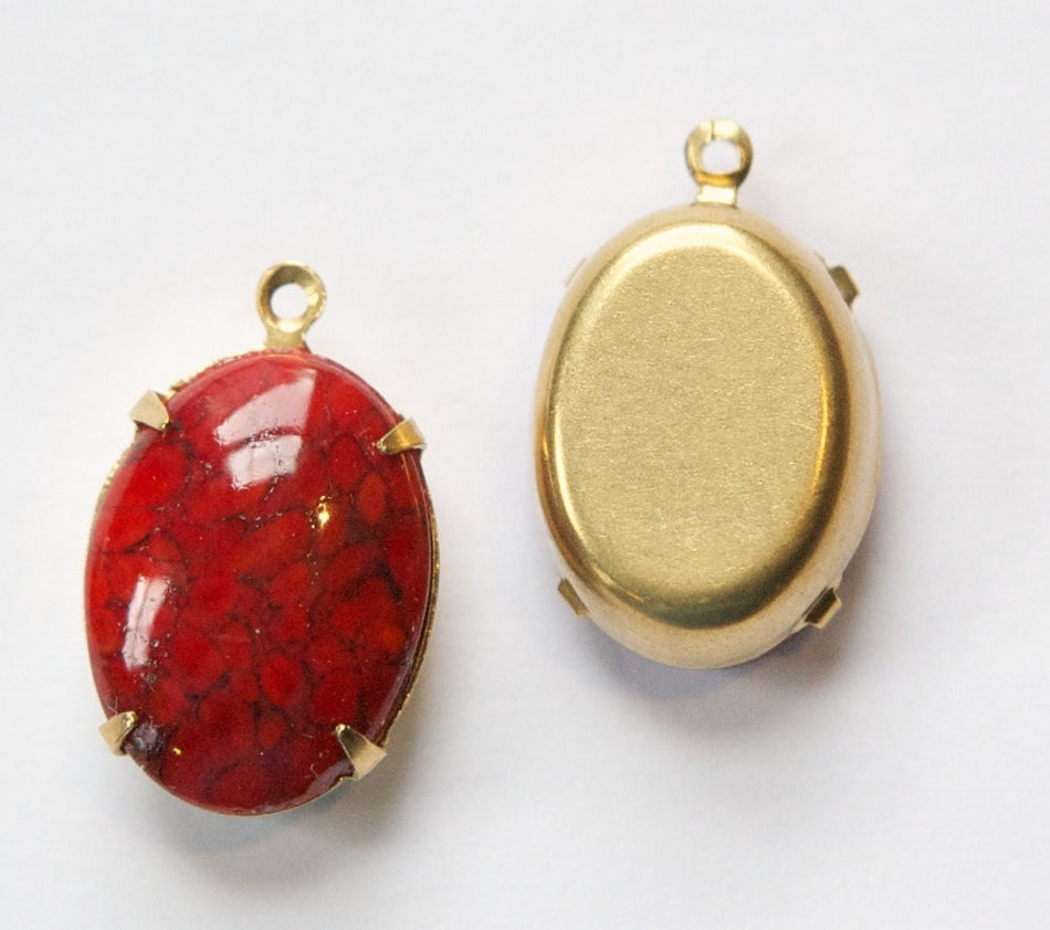 Vintage Opaque Red Matrix Stone in 1 Loop Brass Setting ovl003B
