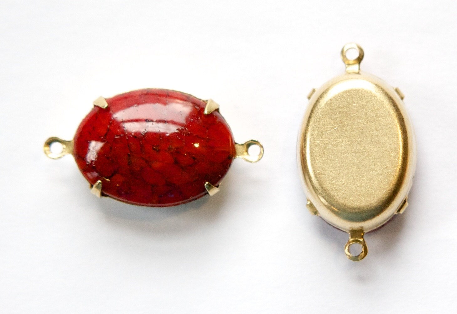 Vintage Opaque Red Matrix Glass Stones in 2 Loop Brass Setting ovl003B2