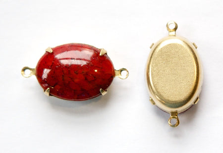 Vintage Opaque Red Matrix Glass Stones in 2 Loop Brass Setting ovl003B2