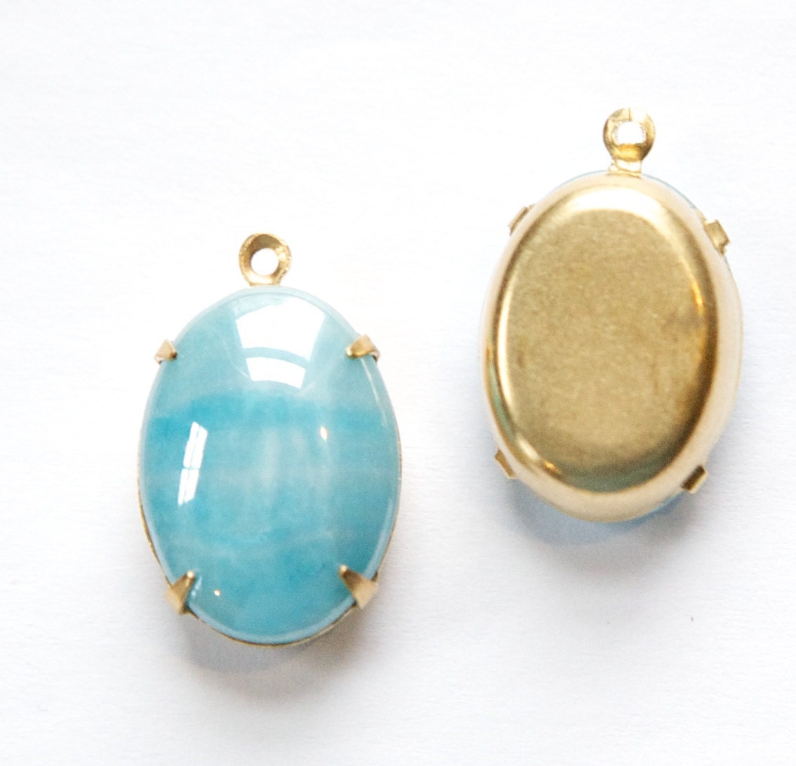 Vintage Blue Striped Glass Stones in 1 Loop Brass Setting ovl003C