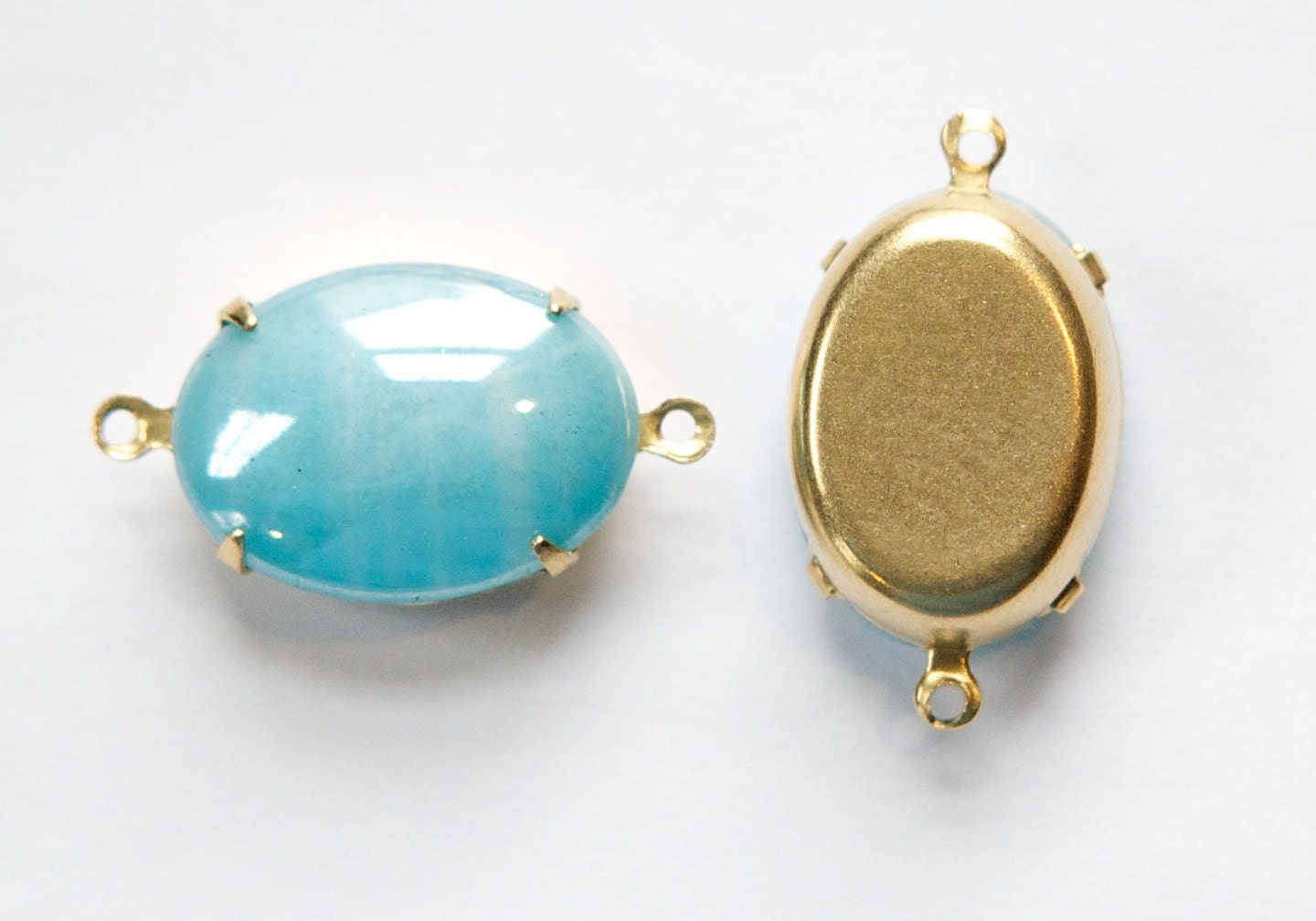 Vintage Blue Striped Glass Stones in 2 Loop Brass Setting ovl003C2
