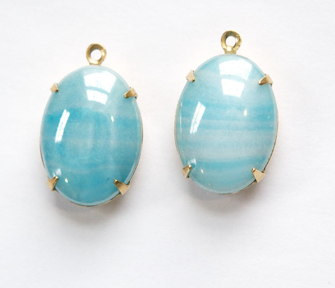 Vintage Blue Striped Glass Stones in 1 Loop Brass Setting ovl003C
