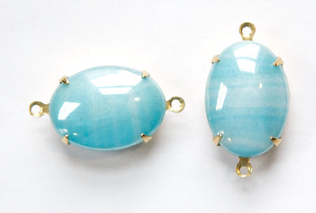 Vintage Blue Striped Glass Stones in 2 Loop Brass Setting ovl003C2