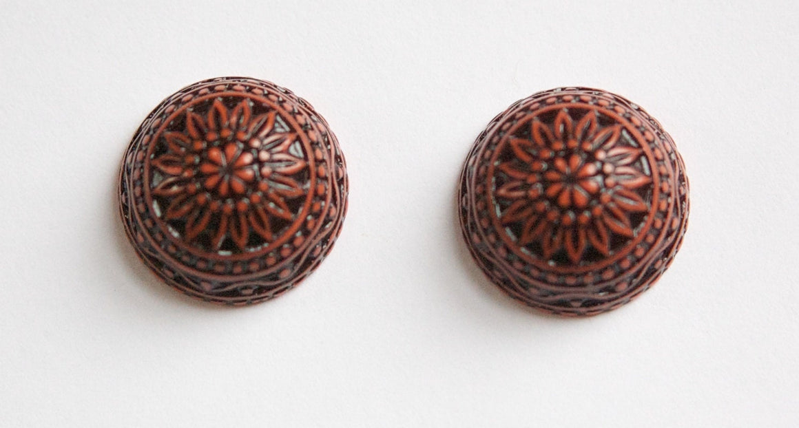 Vintage Etched Mosaic Rust and Black Cabochons 18mm (2) cab710F