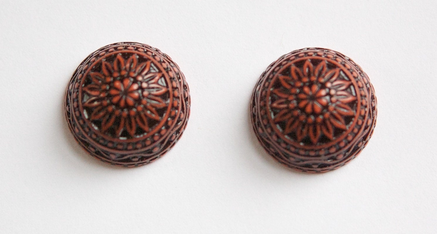 Vintage Etched Mosaic Rust and Black Cabochons 18mm (2) cab710F