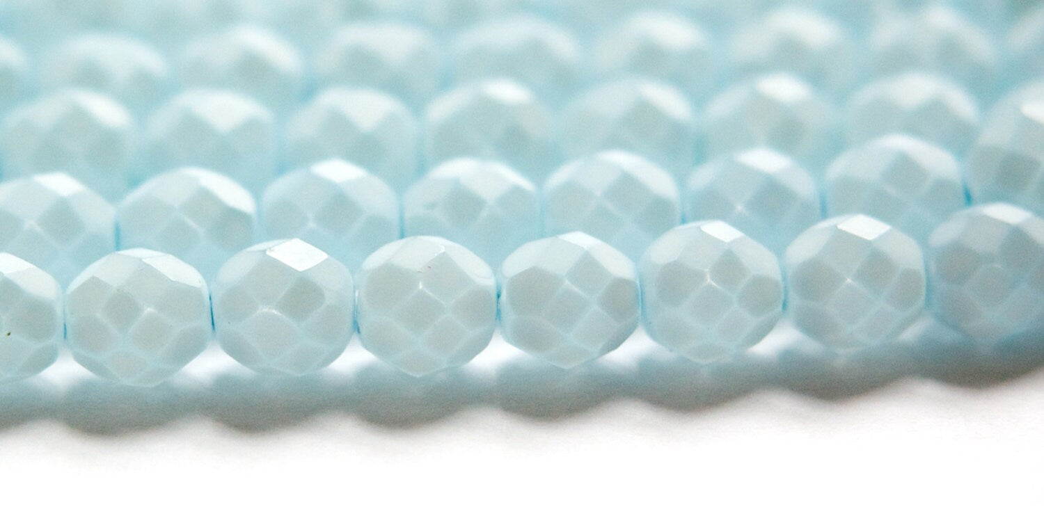 8mm Matte Light Blue Coated Czech Firepolish Faceted Glass Beads (25)