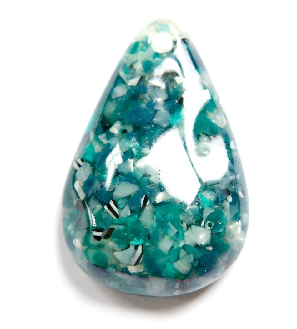 Vintage Large Lucite Pendant with Shell Inclusions Teal Green pnd055A