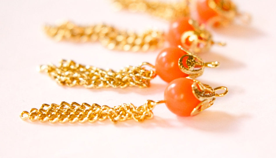 Vintage Coral Orange Acrylic Bead Tassel Drops Pendants (6) pnd160A