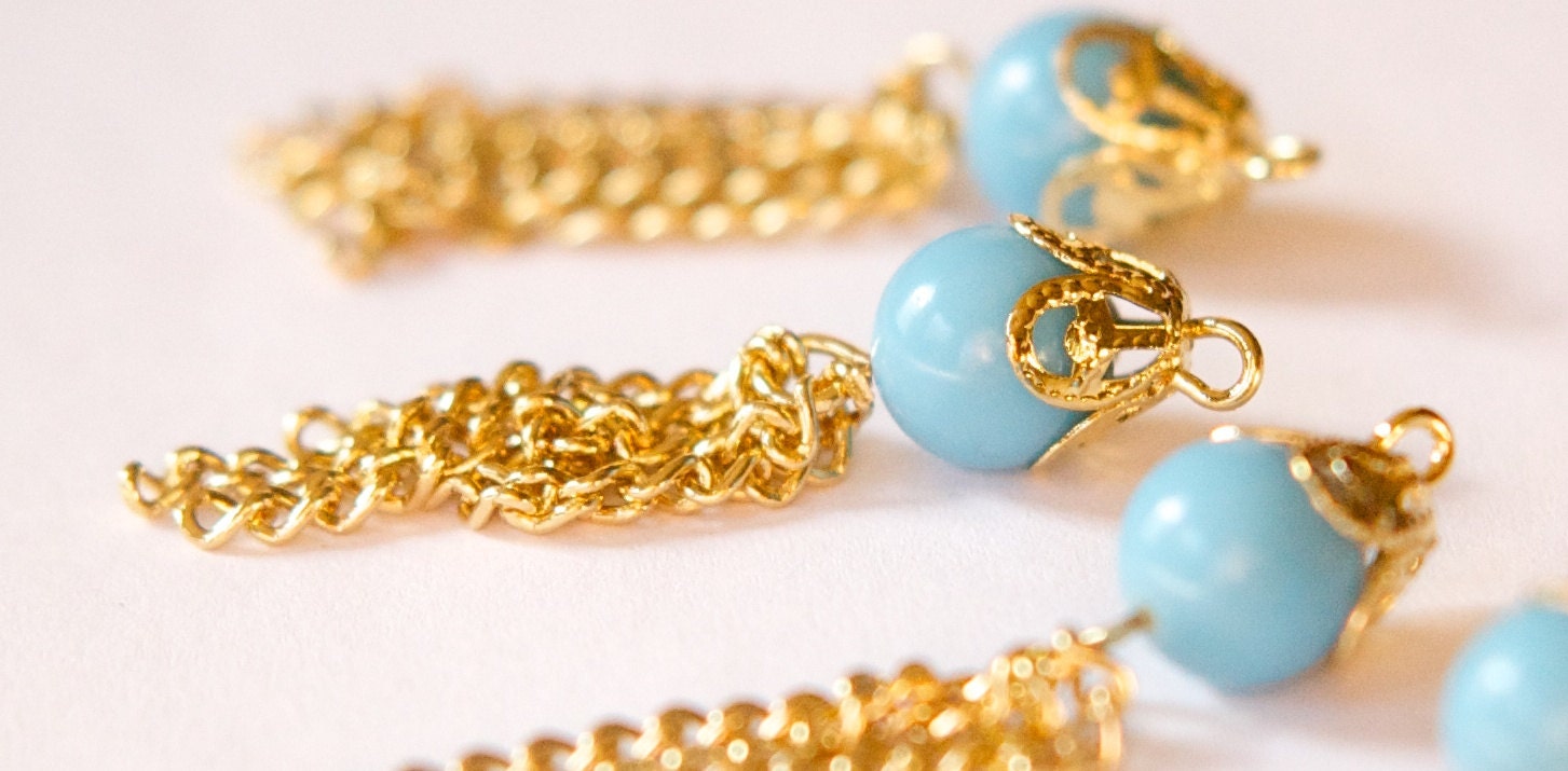 Vintage Turquoise Blue Acrylic Bead Tassel Drops Pendants (6) pnd160