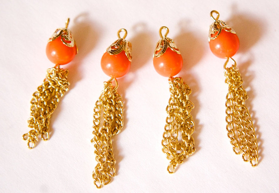 Vintage Coral Orange Acrylic Bead Tassel Drops Pendants (6) pnd160A