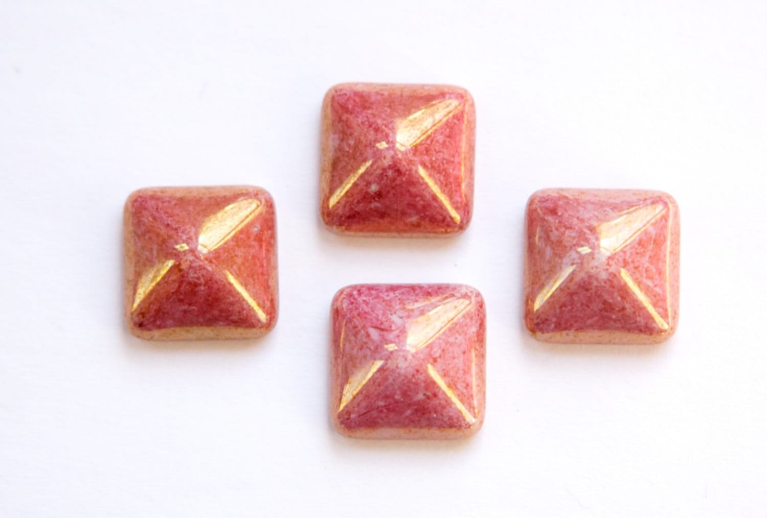 Czech Gold Metallic Over Rose Glass 12mm Square Cabochons cab197A