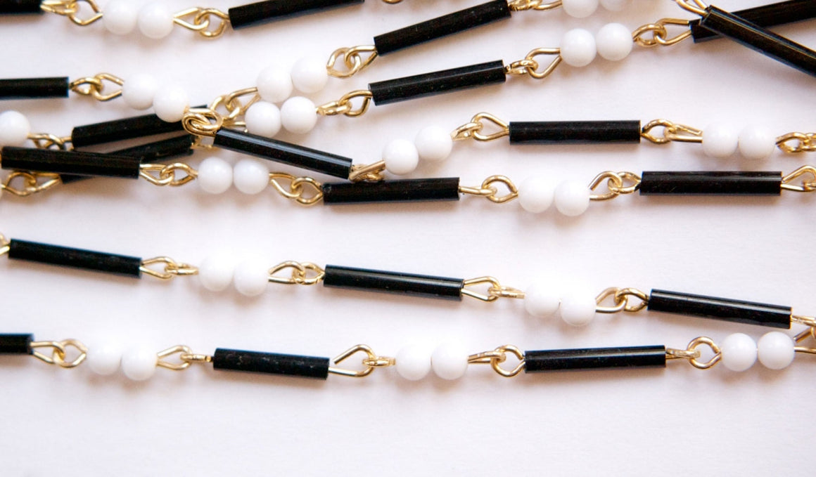 Vintage Black White Mixed Glass and Plastic Beaded Chain Gold Links Japan chn072A