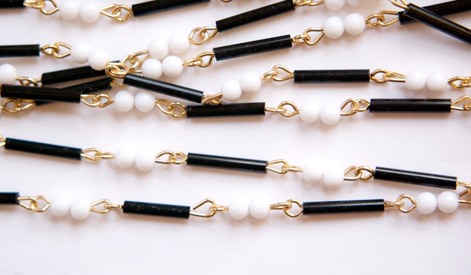 Vintage Black White Mixed Glass and Plastic Beaded Chain Gold Links Japan chn072A