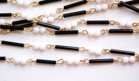 Vintage Black White Mixed Glass and Plastic Beaded Chain Gold Links Japan chn072A