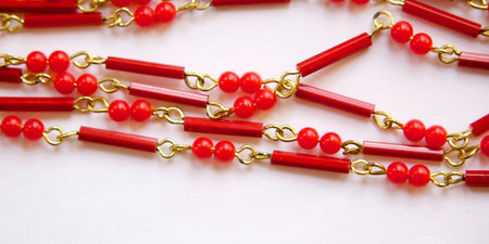 Vintage Red Mixed Glass and Plastic Beaded Chain Gold Links Japan chn072B