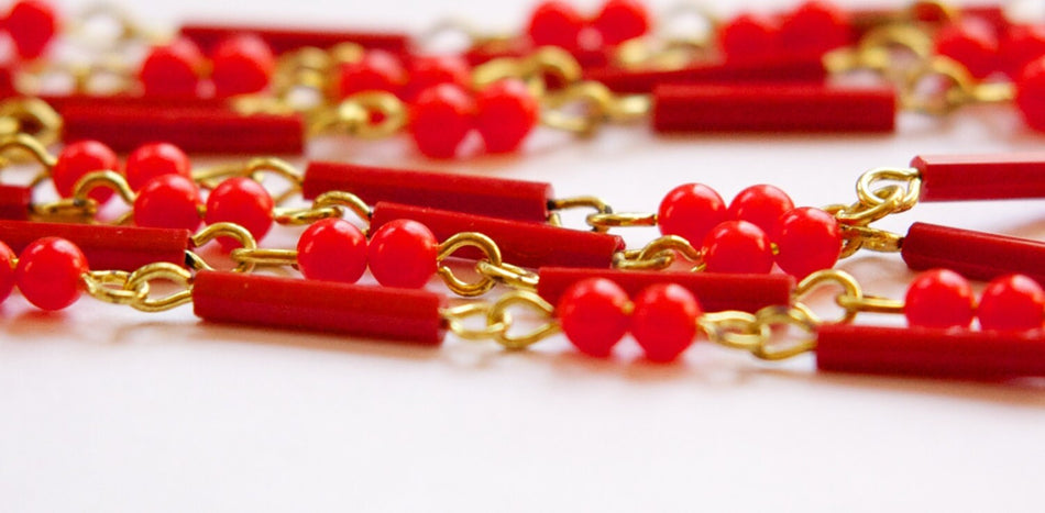 Vintage Red Mixed Glass and Plastic Beaded Chain Gold Links Japan chn072B