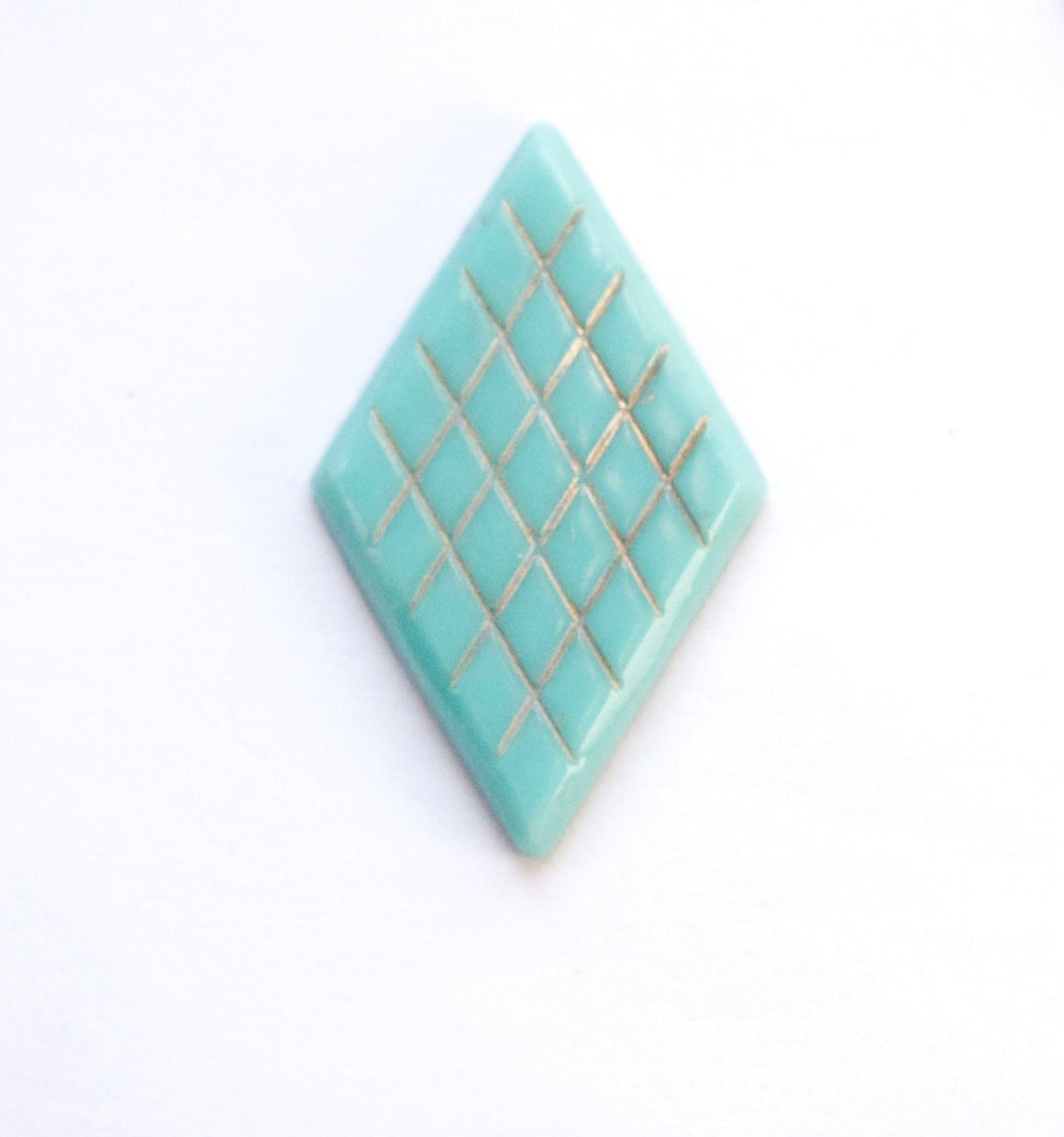 Vintage Etched Turquoise Blue Glass Diamond Cabochon with Gold cab198A