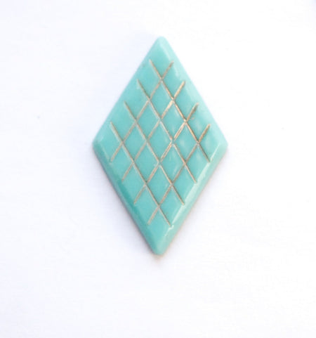 Vintage Etched Turquoise Blue Glass Diamond Cabochon with Gold cab198A