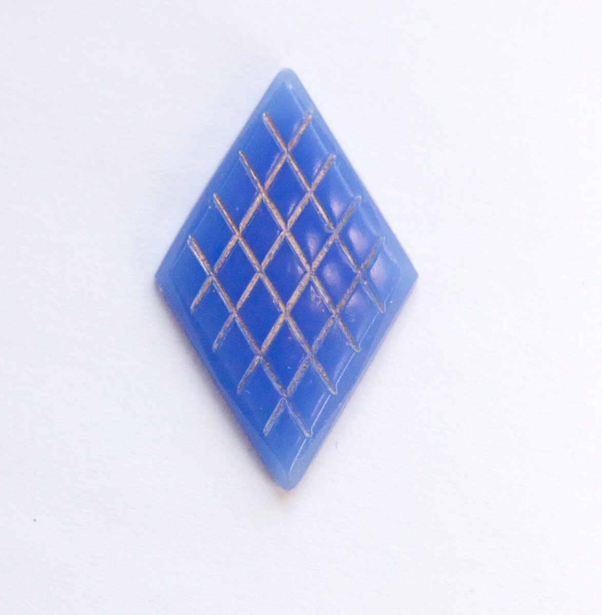 Vintage Etched Calcedon Blue Glass Diamond Cabochon with Gold cab198B