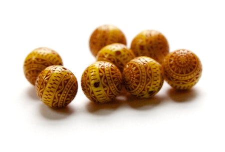 Vintage Yellow and Rusty Orange Etched Mosaic Acrylic Beads 12mm (8) bds014C