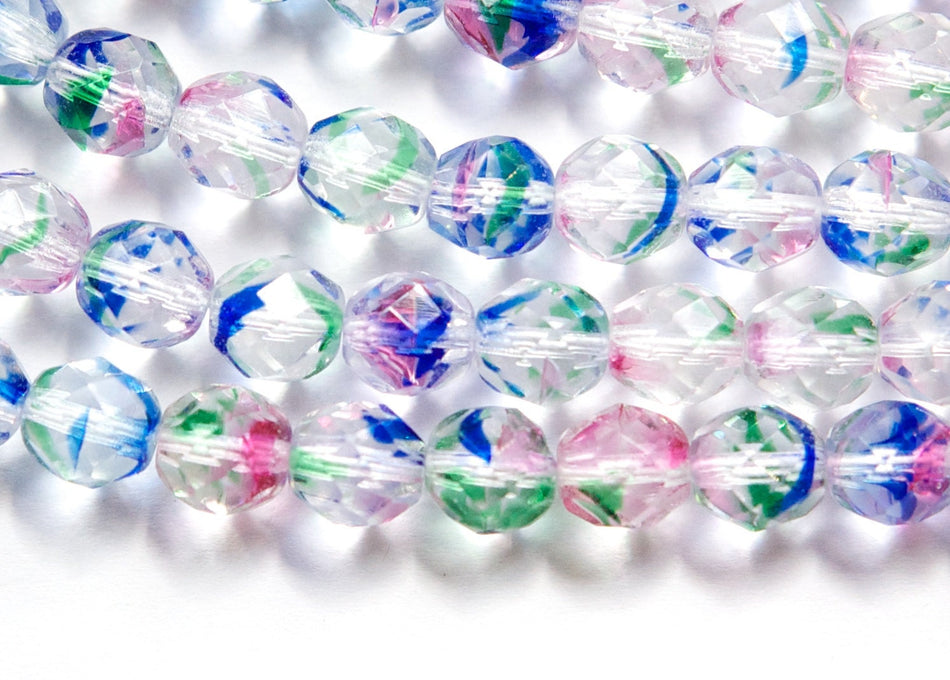Czech Faceted Multi Colored Striped Fire Polish Glass Beads 8mm (20) czh007A