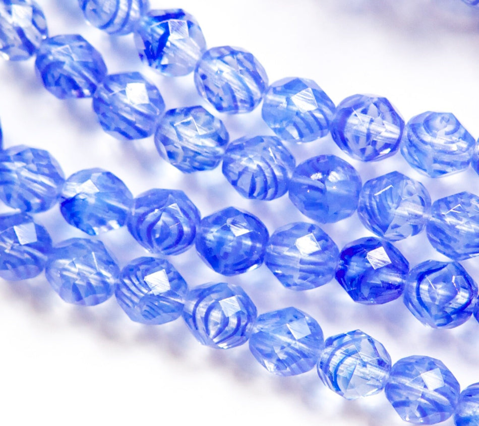 8mm Navy Blue Striped Czech Firepolish Faceted Glass Beads (20)