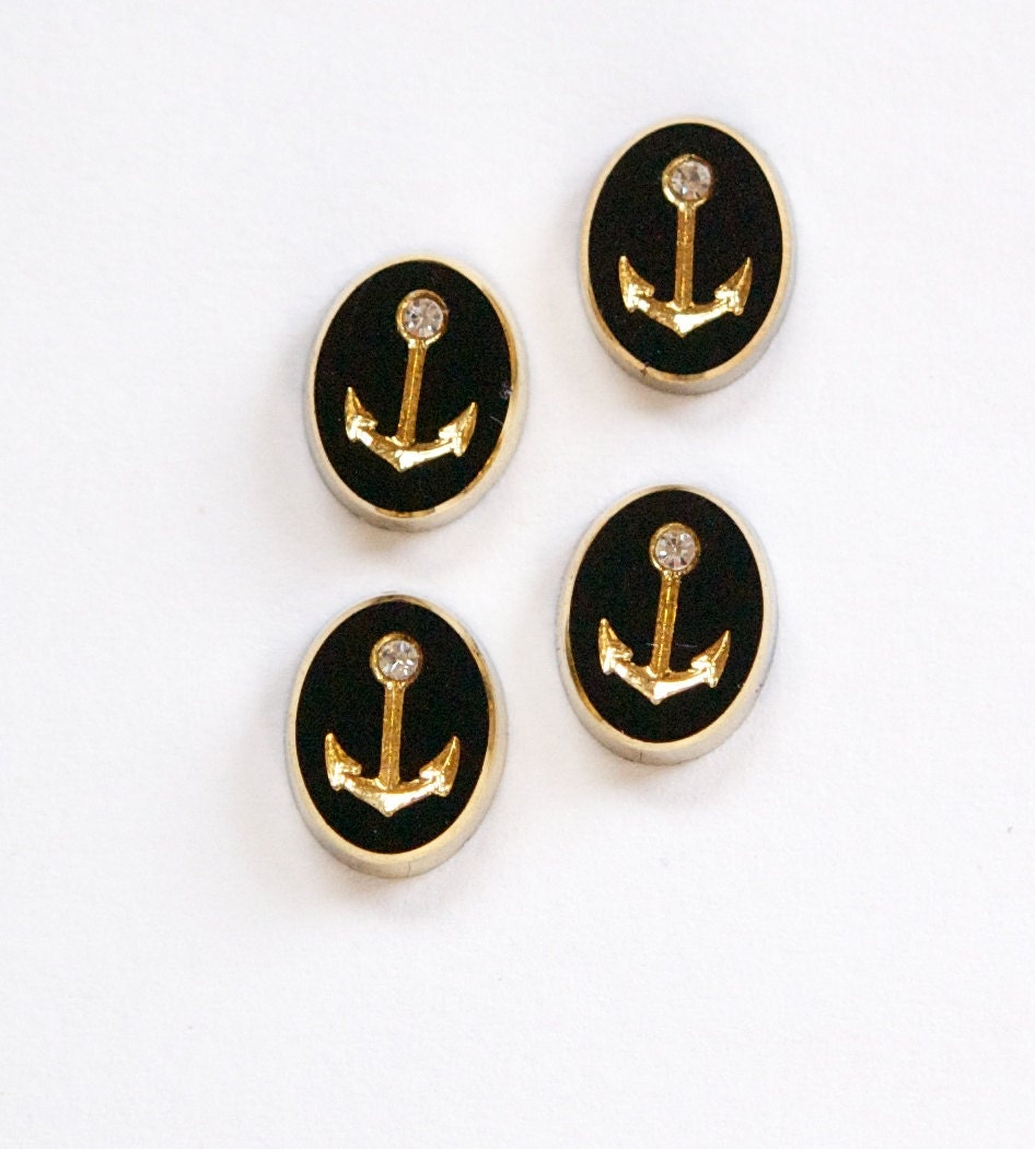 Vintage Black Glass Etched Gold Anchor Rhinestone Cabochon 10X8mm cab467
