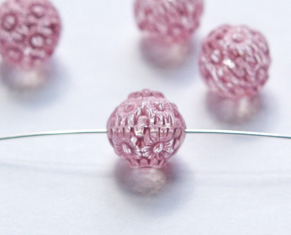Pink on Crystal Etched Acrylic Beads 14mm (8) bds745J