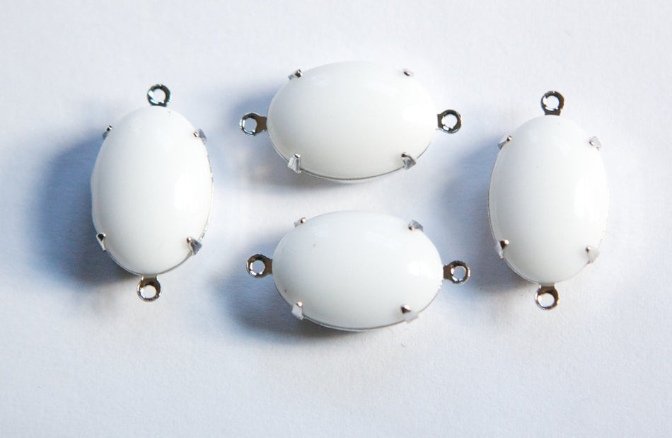 Vintage Opaque White Stone in 2 Loop Silver Plated Setting 16x11mm ovl013E2