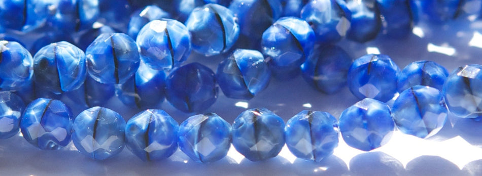 8mm Blue w/ Black Swirl Czech Firepolish Faceted Glass Beads (25)
