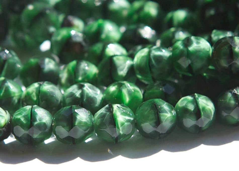 8mm Green w/ Black Swirl Czech Firepolish Faceted Glass Beads (25)