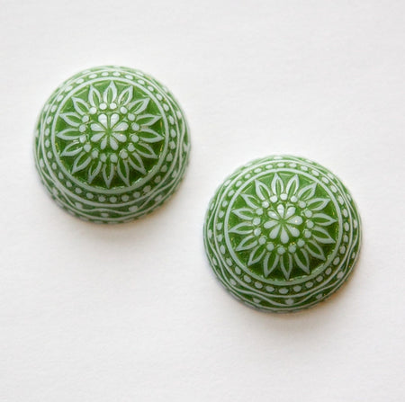 Vintage Etched Mosaic Green and White Cabochons 18mm (2) cab710G