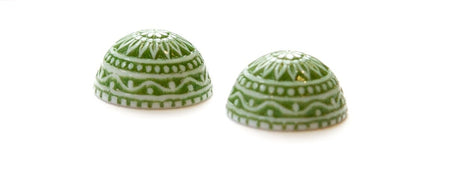 Vintage Etched Mosaic Green and White Cabochons 18mm (2) cab710G