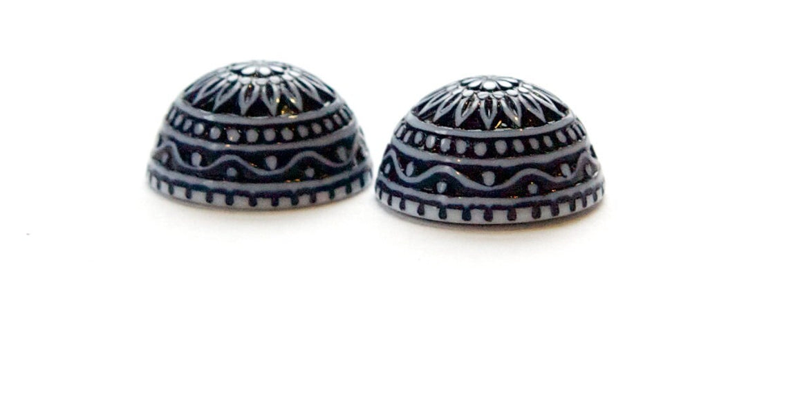 Vintage Etched Mosaic Navy Blue and White Cabochons 18mm (2) cab710J