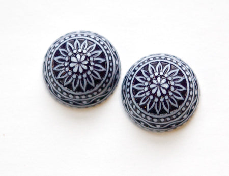 Vintage Etched Mosaic Navy Blue and White Cabochons 18mm (2) cab710J