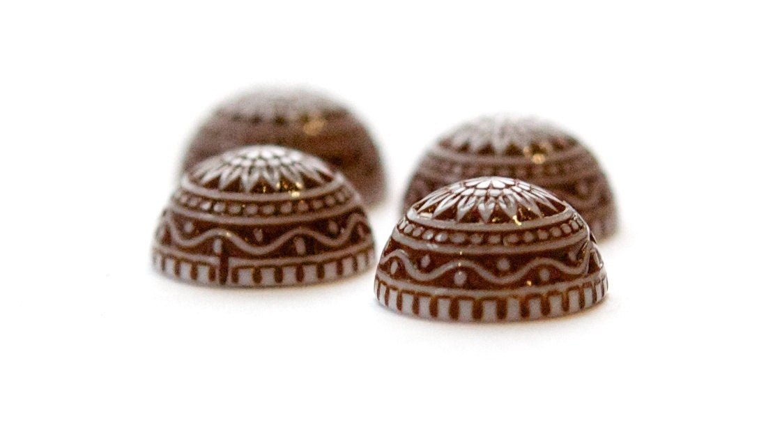 Vintage Etched Mosaic Brown and White Cabochons 14mm cab713C